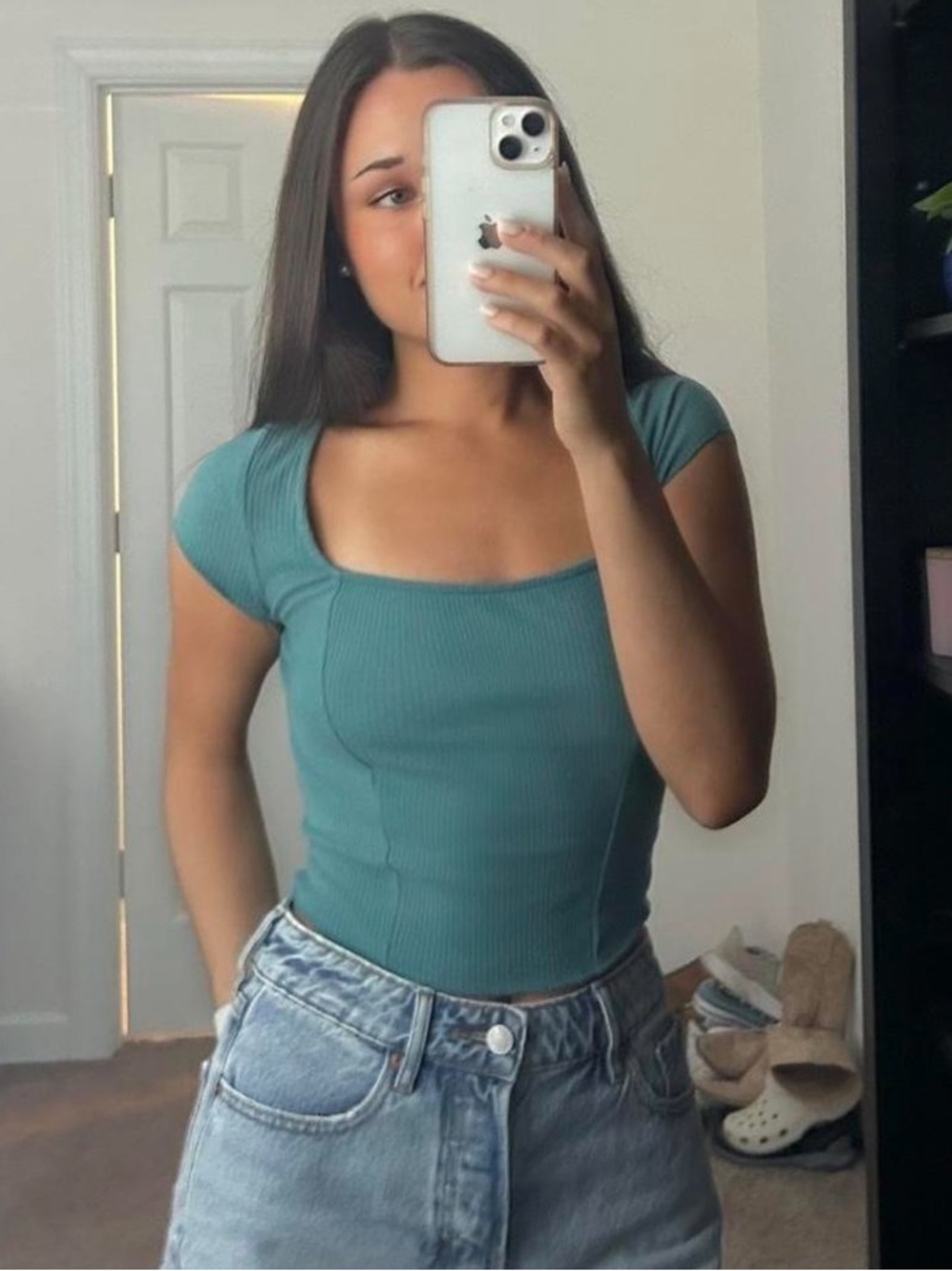 Urban Outfitters Square Neck Ribbed Tee - Teal xs